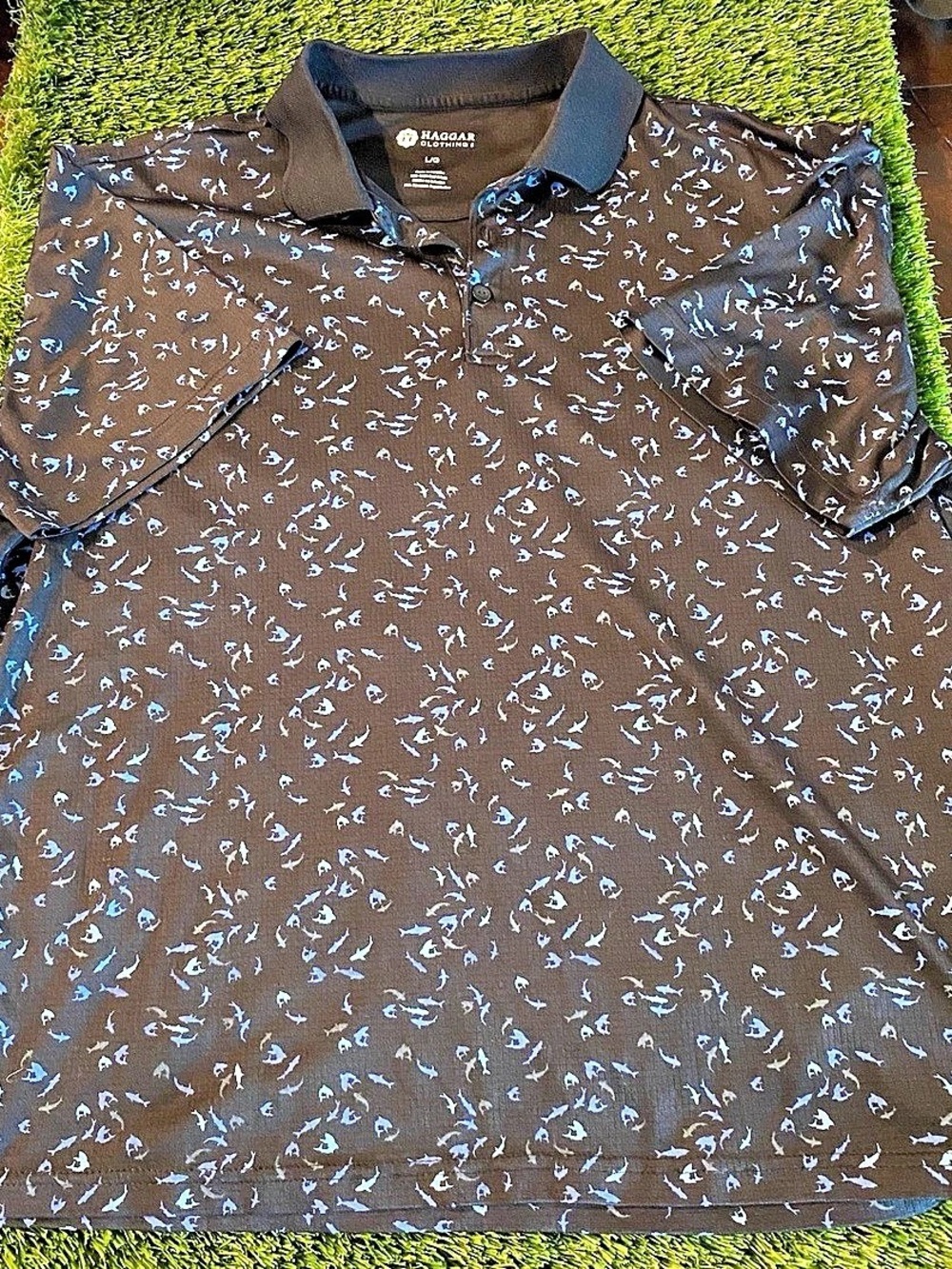 Haggar Shark Print Polo Shirt Animal Print Brown & Blue Size Large